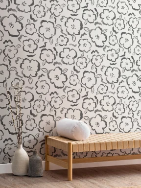 Black and White Paint Abstract Floral Repeat Pattern Wallpaper