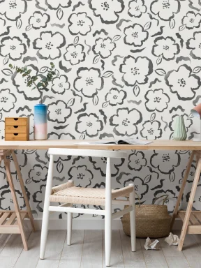 Papier Peint Abstrait Blanc et Noir à Motif Fleuri à l’Aquarelle