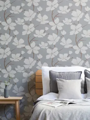 Grå og hvit illustrert blomst tapet
