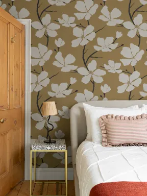 White and Mustard Illustrated Blossom Repeat Pattern Wallpaper