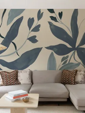 papier peint panoramique élégant au motif de feuilles botaniques bleues