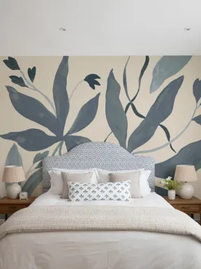 Blue Botanical Elegant Leaf Design Mural