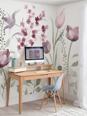 Papier Peint Panoramique Vert et Rose avec Grandes Fleurs
