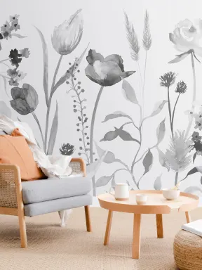 Large Gray Watercolor Flowers Wallpaper Mural
