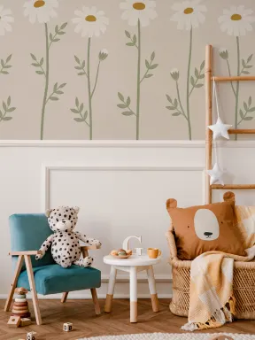 Mural de papel pintado floral de margaritas botánicas en beige para dar elegancia