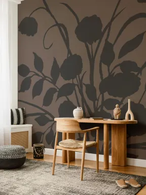 Brown Floral Silhouette Art Vintage Botanical Mural