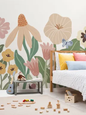 Papier Peint Mural Fleurs Scandinaves Rétro Pour Enfants Pastel