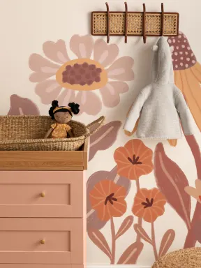 Orange Kids Retro Scandinavian Flowers Mural