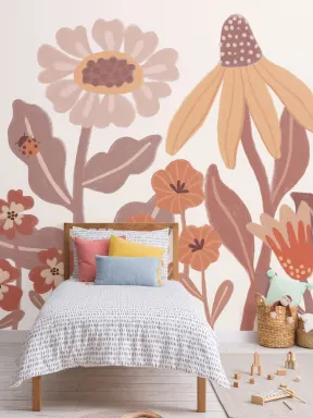 Papier Peint Fleurs Scandinaves Rétro Orange Pour Enfants