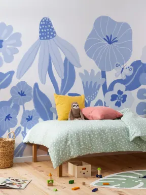 Blaue Kinder Retro Skandinavische Blumen Fototapete