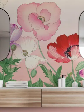 Pink Poppy Japanese Watercolor Floral Mural