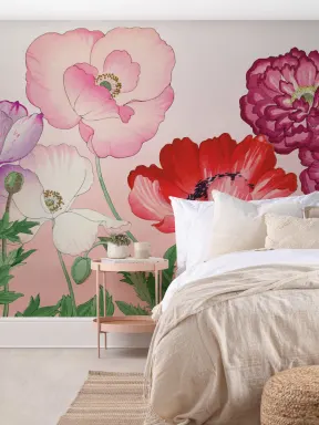 Pink Poppy Japanese Watercolor Floral Mural