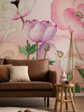 Décor floral aquarelle japonaise rose coquelicot