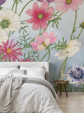 Cosmos Japanese Watercolour Floral Mural