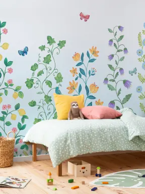 Blue Whimsical Climbing Botanicals Mural