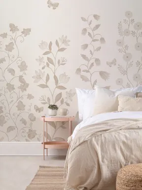 Beige Whimsical Climbing Botanicals Mural