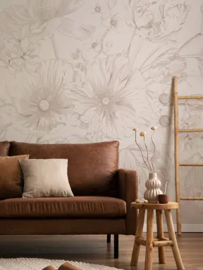 Papier peint panoramique beige illustré de bouquets de fleurs