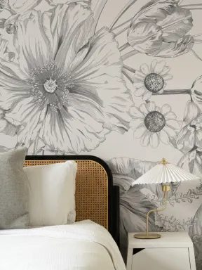 Monochrome Illustrated Floral Bouquet Mural