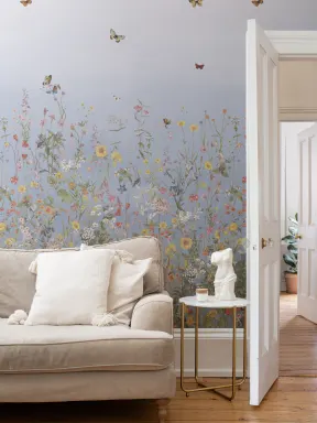 Blue Ombre Wildflower and Butterfly Mural