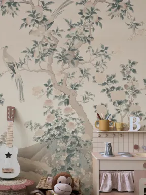 Mural de papel pintado Vintage Garden Scene Pink Chinoiserie