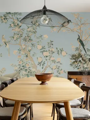 Blå Chinoiserie Vintage hagescene veggmaleri