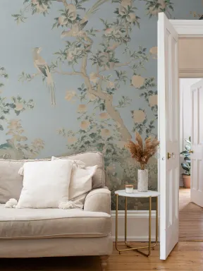 Papier peint panoramique de jardin vintage Chinoiserie bleu