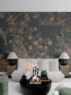 Navy Chinoiserie Vintage Garden Scene veggmaleri