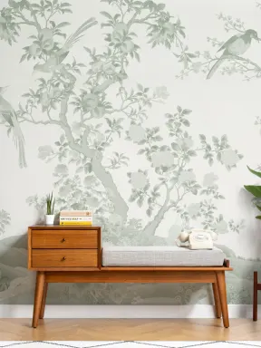 Tonal Green Chinoiserie Vintage Garden Scene Mural