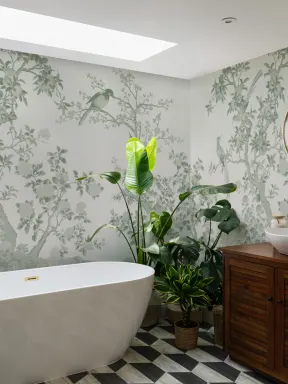 Papier peint panoramique de scène de jardin vintage Chinoiserie vert ton sur ton