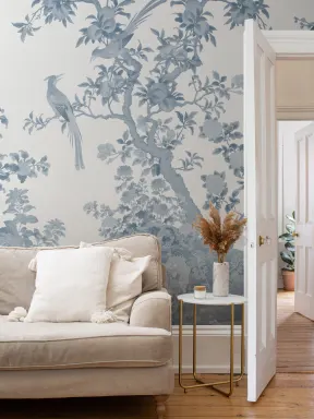 Papier peint panoramique de scène de jardin vintage Chinoiserie bleu ton sur ton