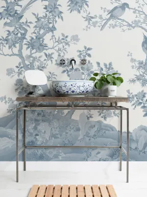 Papier peint panoramique de scène de jardin vintage Chinoiserie bleu ton sur ton