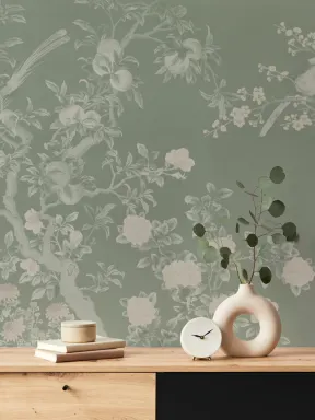 Green Chinoiserie Vintage Garden Scene Mural
