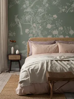 Green Chinoiserie Vintage Garden Scene Mural