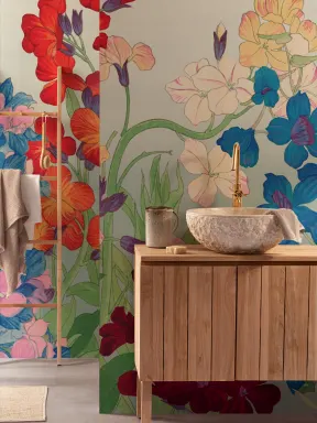 Papier peint panoramique floral aquarelle japonaise Delphinium