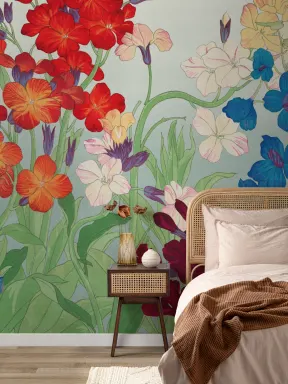 Papier peint panoramique floral aquarelle japonaise Delphinium