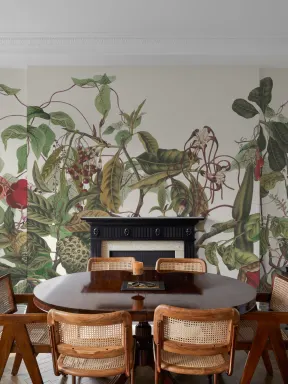 Lush Vintage Botanical Wall Mural with Tropical Flowers and Foliage in Full Color