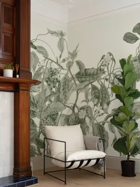 Lush Vintage Botanical Wall Mural in Green with Detailed Tropical Plant Illustrations