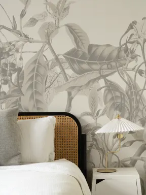 Lush Vintage Botanical Wall Mural in Grey with Tropical Flowers and Leafy Vines