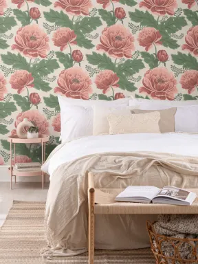 Pink & Green Heritage Floral Pattern Wallpaper Mural
