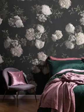 Papier Peint Panoramique aux Fleurs Blanches sur Fond Noir