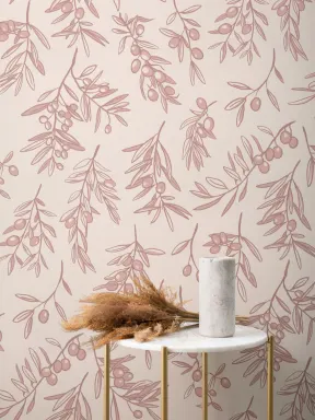 Dusty Pink Ancient Greek Olive Branch Pattern Wallpaper Mural