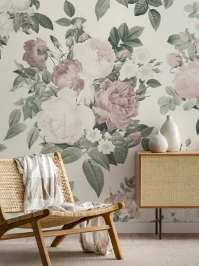 Papier Peint Panoramique avec des Roses de Couleur Crème et Rose Vintage