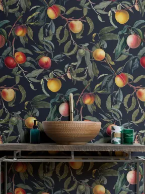 Dark Green and Navy Vintage Botanical Fruit Repeat Pattern Wallpaper