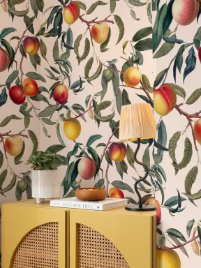 Papier Peint Style Vintage en Couleurs Crème et Vert à Motif de Pêches