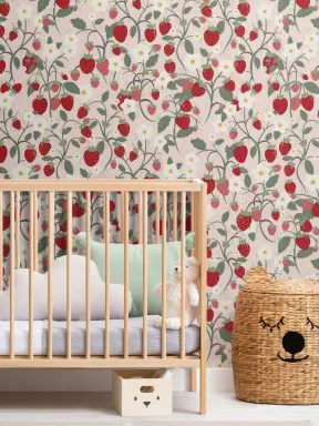Cute Pink Strawberry and Flowers Kids Repeat Pattern Wallpaper