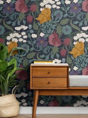 Vintage Colorful Dark Floral Repeat Pattern Wallpaper