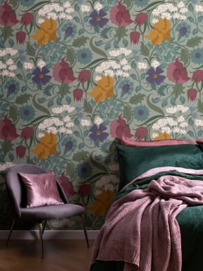 Vintage Colourful and Green Floral Repeat Pattern Wallpaper