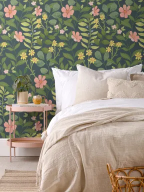 Dark Navy Floral Garden Repeat Pattern Wallpaper