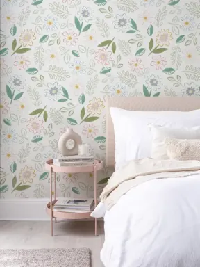 Papier Peint Motif Fleurs et Feuilles