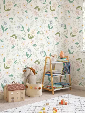 Papier Peint Motif Fleurs et Feuilles